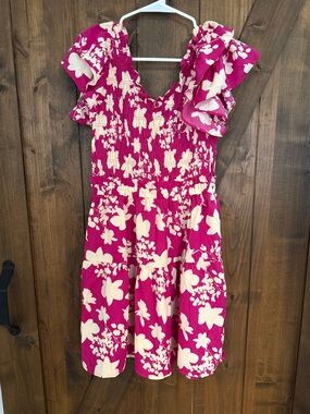 Umgee Fuchsia and Cream Floral Ruffle Sleeve Dress